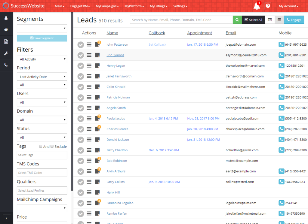 EngageCRM - Grid View example