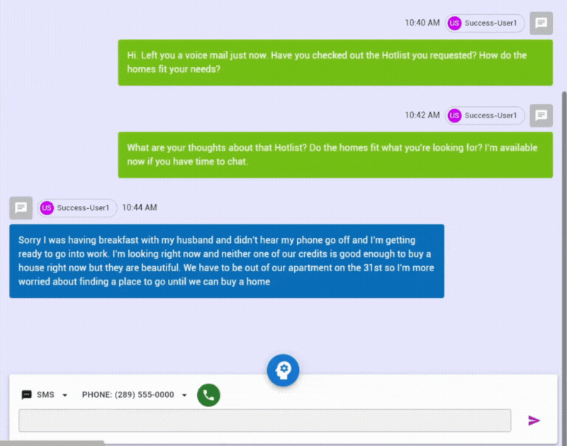 StayInContact AI Conversation example response to a lead